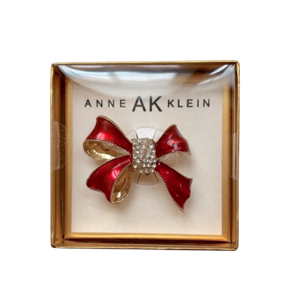 Anne Klein Red Bow Pin Brooch with Pave Center